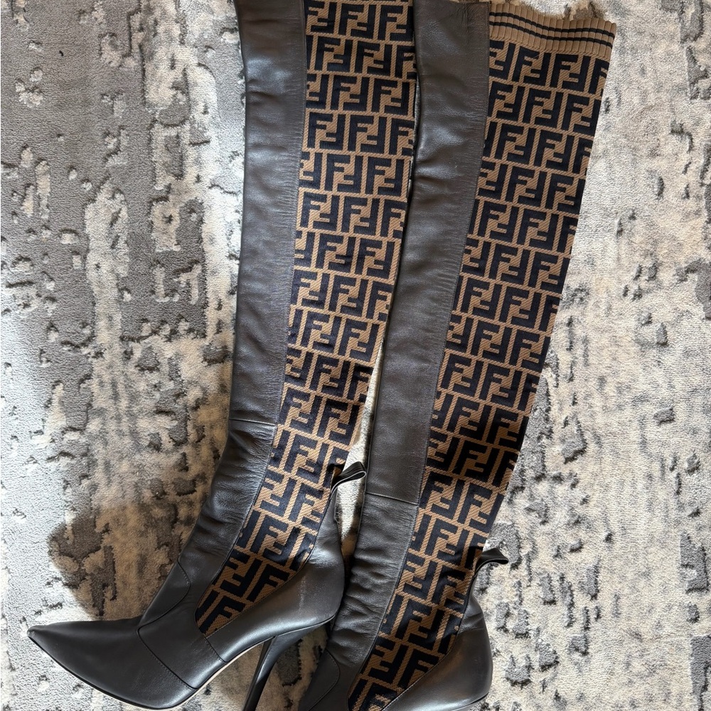 Fendi Boots Zucca FF Logo Leather Sock Boots